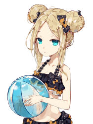  abigail_williams_(fate) aqua_eyes ball bare_arms bare_shoulders beachball bikini black_bikini black_bow blonde_hair bow breasts closed_mouth collarbone commentary double_bun fate/grand_order fate_(series) female forehead hair_bun hair_ribbon hairbow highres holding holding_ball long_hair navel orange_bikini orange_bow parted_bangs polka_dot polka_dot_bow ribbon sidelocks simple_background small_breasts solo swimsuit symbol-only_commentary tine_(pixiv27588527) transparent white_background 