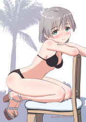  bikini black_bikini blush breasts cleavage closed_mouth dated female green_eyes high_heels highres looking_at_viewer medium_breasts naruchisukisuki palm_tree sanya_v._litvyak short_hair signature smile solo strike_witches swimsuit tree white_hair world_witches_series 