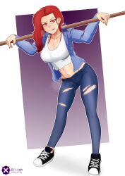  angel_glitch artist_name blue_jacket blue_pants breasts cleavage commentary commission crop_top denim english_commentary female hair_behind_ear heavy_breathing highres holding holding_pole jacket jeans large_breasts leaning_forward midriff navel original pants pole red_eyes red_hair shirt shoes sneakers solo tongue tongue_out torn_clothes torn_pants white_shirt 