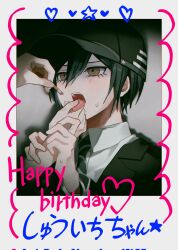  1boy black_hair black_jacket brown_eyes cigarette danganronpa_(series) danganronpa_v3:_killing_harmony hair_between_eyes happy_birthday heart highres jacket long_sleeves male_focus nekor0id official_alternate_costume pulling_tongue saihara_shuichi saliva shirt short_hair solo_focus 