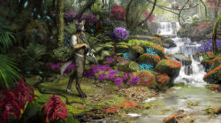  absurd_res african_wild_dog anthro branch canid canine clothing detailed_background digital_media_(artwork) elemental_creature flora_fauna flower forest gun hi_res landscape male mammal plant rainforest ranged_weapon rifle river rock scenery solo tail techiesxc topwear tree vest weapon 