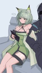  ... animal_ears arknights arm_grab bare_legs black_hoodie cassiri cat_ears cat_girl couch doctor_(arknights) dress female green_dress green_eyes green_hair highres holding holding_tablet_pc hood hoodie kal&#039;tsit_(arknights) material_growth off-shoulder_dress off_shoulder on_couch oripathy_lesion_(arknights) panties pantyshot short_hair sitting spoken_ellipsis sweatdrop tablet_pc tail thighs underwear white_panties 