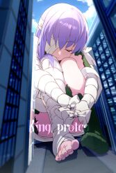  bandage_over_one_eye bandaged_arm bandaged_head bandaged_leg bandages breasts building character_name closed_eyes echo_(circa) fate/grand_order fate_(series) feet female giant giantess kingprotea_(fate) long_hair moss naked_bandage purple_hair skyscraper small_breasts very_long_hair 