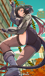  absurdres animal_ears ass black_gloves black_hair black_pantyhose black_shirt black_shorts black_thighhighs climbing climbing_ladder commentary english_commentary female fingerless_gloves gloves gradient_hair green_eyes green_jacket grin highres jacket jane_doe_(zenless_zone_zero) long_hair looking_at_viewer mouse_ears mouse_girl mouse_tail multicolored_hair nocta_felis on_ladder outdoors pantyhose pink_hair shirt shorts sidelocks single_leg_pantyhose single_thighhigh smile solo tail teeth thighhighs torn_clothes torn_pantyhose torn_thighhighs white_footwear zenless_zone_zero 