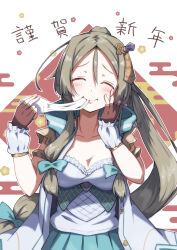  ^_^ atelier_(series) atelier_firis blue_jacket blush breasts brown_gloves brown_hair cleavage closed_eyes closed_mouth commentary_request eating facing_viewer female fingerless_gloves firis_mistlud food gloves hair_ornament hand_on_own_cheek hand_on_own_face hands_up happy_new_year highres hood hood_down jacket long_hair medium_breasts mochi mochi_trail parted_bangs ponytail shirt smile solo translation_request upper_body white_shirt yanu 