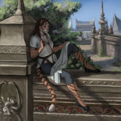  1:1 anthro building clothed clothing digital_media_(artwork) felid female flower footwear hair hi_res khajiit mammal microsoft pantherine plant shoes sky solo stitch_(sewing) structure tail techiesxc the_elder_scrolls tiger tree 