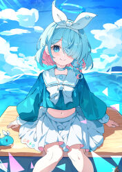  absurdres arona_(blue_archive) blue_archive blue_eyes blue_hair blue_halo blue_pupils blue_shirt blush bow_hairband braid choker colored_inner_hair female hair_over_one_eye hairband halo heart heart_halo highres hua-huahua light_blue_hair long_sleeves looking_at_viewer multicolored_hair navel neckerchief pink_hair sailor_collar school_uniform serafuku shirt single_braid sitting skirt smile solo white_choker white_hairband white_neckerchief white_sailor_collar white_skirt 