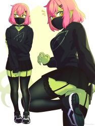  alisa_(razalor) averting_eyes black_choker black_mask black_thighhighs breasts choker colored_skin female full_body green_eyes green_skin hair_between_eyes highres hood hoodie leg_up long_sleeves medium_hair multicolored_eyes multiple_views notice_lines original pink_hair pointy_ears razalor shoes sleeves_past_wrists sneakers thighhighs white_background yellow_eyes 