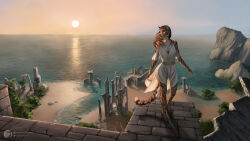  anthro beach building clothed clothing dress felid female hair hi_res khajiit long_hair mammal microsoft pantherine rocky_shore ruins sand sea solo structure sunset tail techiesxc the_elder_scrolls tiger water 