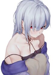  absurdres amatou_(ko_me_9) bare_shoulders black_ribbon blush breasts cleavage closed_mouth collarbone commentary_request double_strap_slip female grey_hair hakase_fuyuki highres jacket knees_up long_hair looking_at_viewer medium_breasts neck_ribbon nijisanji off_shoulder open_clothes open_jacket purple_jacket red_eyes ribbon simple_background solo white_background 