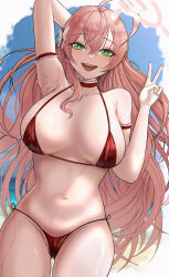  :d absurdres alternate_costume arm_behind_head bikini blue_archive blush breasts commentary female ffang_tb green_eyes halo hanako_(blue_archive) hanako_(swimsuit)_(blue_archive) highres large_breasts long_hair looking_at_viewer micro_bikini navel official_alternate_costume open_mouth pink_hair pink_halo red_bikini sideboob smile solo stomach swimsuit teeth v 