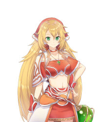  atelier_(series) blonde_hair breasts closed_mouth cowboy_shot crop_top female green_eyes hair_between_eyes hand_on_own_hip head_scarf jewelry long_hair looking_at_viewer mana_khemia_2 midriff necklace nelke_to_densetsu_no_renkinjutsushi_tachi noco_(adamas) official_art red_skirt simple_background skirt small_breasts smile solo standing ulrika_myberg very_long_hair white_background 