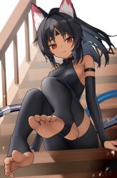  absurdres animal_ears bare_shoulders black_hair cat_ears feet female forehead_tattoo highres long_hair looking_at_viewer nekomiya_mana ponytail red_eyes sitting soles solo stairs stirrup_legwear thomas_8000 toeless_legwear toes zenless_zone_zero 