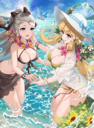  2girls beach bikini bikini_skirt bird black_bikini blonde_hair blue_bird blue_eyes bow bracelet breasts bubble cleavage commission commissioner_upload earrings eir_(fire_emblem) eir_(summer)_(fire_emblem) fire_emblem fire_emblem_heroes flower flower_bracelet flower_earrings flower_necklace gold_tiara grass green_bikini hair_flower hair_ornament hairbow haru_(nakajou-28) hat highres jacket jewelry large_breasts lei long_hair multiple_girls navel ponytail sidelocks skeb_commission sunflower swimsuit tiara twintails water white_hair white_hat ymir_(fire_emblem_heroes) ymir_(summer)_(fire_emblem_heroes) 