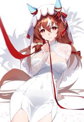  animal_ears breasts brown_hair cleavage closed_mouth dress ear_covers female hair_between_eyes highres horse_ears horse_girl jenshenya long_hair looking_at_viewer medium_breasts multicolored_hair red_eyes solo still_in_love_(umamusume) streaked_hair umamusume veil wedding_dress white_hair 