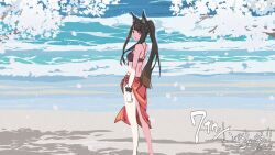  akagi_(azur_lane) akagi_(paradise_amaryllis)_(azur_lane) animal_ear_fluff animal_ears azur_lane beach bikini black_hair breasts closed_mouth commentary_request day female fox_ears fox_girl long_hair looking_at_viewer medium_breasts official_alternate_costume outdoors petals ponytail red_bikini sarong shinashina sidelocks solo standing swimsuit very_long_hair water 