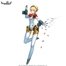  aegis_(persona) android armband blonde_hair blue_eyes bow bowtie copyright_name copyright_notice female finger_cannon full_body hair_between_eyes hand_up highres joints looking_at_viewer official_art parted_lips persona persona_3 persona_3_reload red_armband red_bow red_bowtie robot_ears robot_joints s.e.e.s seven_knights shell_casing short_hair simple_background solo standing standing_on_one_leg white_background 