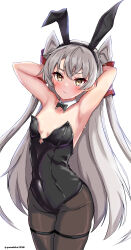  absurdres amatsukaze_(kancolle) animal_ears armpits arms_behind_head arms_up black_bow black_bowtie black_leotard blush bow bowtie breasts covered_navel detached_collar embarrassed female frown hair_between_eyes hair_tubes highres hip_focus kantai_collection leotard long_hair mizuki_(uzuki_no_sato) pantyhose playboy_bunny rabbit_ears skin_tight small_breasts solo strapless strapless_leotard thigh_strap thighs two_side_up very_long_hair white_hair yellow_eyes 