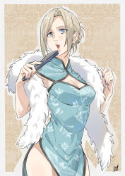  annie_leonhart blonde_hair blue_dress blue_eyes blue_nails blush border breasts brown_background china_dress chinese_clothes cleavage_cutout clothing_cutout cowboy_shot dress eyes_visible_through_hair female fingernails floral_print_dress folded_fan folding_fan fur_scarf grasshopper193 hand_fan hands_up highres holding holding_fan looking_at_viewer medium_breasts nail_polish nose open_mouth outside_border pink_lips scarf shingeki_no_kyojin short_hair side_slit solo standing teeth turning_head upper_teeth_only white_border white_scarf 