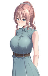  absurdres arms_behind_back bang_dream! bare_arms bare_shoulders belt belt_buckle blue_dress blue_eyes blush bow breasts brown_belt brown_hair buckle buttons closed_mouth collared_dress cowboy_shot dress female grey_bow hair_between_eyes hairbow high_belt high_ponytail highres large_breasts looking_at_viewer medium_hair ponytail ptal sidelocks simple_background sleeveless sleeveless_dress smile solo standing white_background yamabuki_saya 