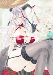  aegir_(azur_lane) aegir_(golden_dragon_among_auspicious_clouds)_(azur_lane) ass azur_lane bare_shoulders black_garter_straps black_gloves black_horns black_panties black_thighhighs breasts calligraphy_brush cleavage criss-cross_halter feet_out_of_frame female framed_breasts garter_straps gloves hair_between_eyes hair_on_horn halterneck highres holding holding_calligraphy_brush holding_paintbrush horn_ornament horns lace-trimmed_thighhighs lace_trim large_breasts long_hair looking_at_viewer marker_(medium) multicolored_hair official_alternate_costume paint_on_body paintbrush panties pantyshot purplepencil red_hair sample_watermark sitting smoke solo streaked_hair thighhighs traditional_media underwear very_long_hair watermark white_hair yellow_eyes 