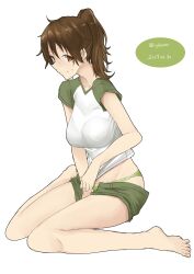  absurdres barefoot breasts brown_eyes brown_hair covered_collarbone covering_privates dated female girls_und_panzer girls_und_panzer_little_army green_panties green_shorts green_sleeves highres irukatto large_breasts panties ponytail shirt short_shorts short_sleeves shorts sweat sweatdrop tight_clothes tight_shirt twitter_username underwear white_shirt yusa_chihiro 