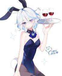  ahoge animal_ears black_hairband blue_eyes blue_hair blue_leotard breasts brown_pantyhose cup drinking_glass fake_animal_ears female furina_(genshin_impact) genshin_impact glass hair_between_eyes hairband heterochromia highres holding holding_plate jewelry leotard light_blue_hair looking_at_viewer medium_hair multicolored_hair pantyhose plate playboy_bunny pomepome1207 purple_eyes rabbit_ears short_hair small_breasts smile solo streaked_hair white_hair wine_glass 