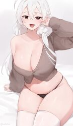  :d black_panties breasts cleavage commentary english_commentary female hair_between_eyes hand_up highres iwbitu large_breasts long_hair long_sleeves looking_at_viewer nyopu off_shoulder open_mouth original panties simple_background single_bare_shoulder sitting smile solo stomach sweater thick_eyebrows thighhighs thighs underwear white_background white_hair white_thighhighs 