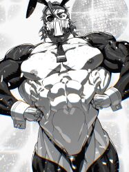  1boy abs animal_ears bara covered_mouth disco_ball eyepatch feet_out_of_frame gloves greyscale hand_on_own_hip highres large_pectorals looking_at_viewer mabataki male_focus male_playboy_bunny manly mask mature_male monochrome mouth_mask muscular muscular_male necktie nipples original pectorals rabbit_ears scar scar_on_face short_hair solo spiked_hair thick_arms thick_eyebrows thick_thighs thighs thong tight_clothes 