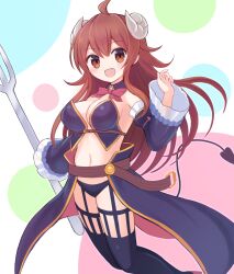  ahoge breasts brown_hair crisis_management_form_(machimazo) curled_horns demon_girl demon_horns demon_tail female holding_trident horns large_breasts long_tail machikado_mazoku navel oerba_yun_fang skin_fang solo suta_(clusta) tail thighhighs yoshida_yuuko_(machikado_mazoku) 