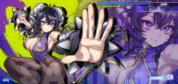  antenna_hair armpits bare_shoulders black_hair black_pantyhose bracelet braid breasts bun_cover center_opening character_name character_request china_dress chinese_clothes chinese_commentary chun-li chun-li_(cosplay) cleavage closed_mouth commentary cosplay cowboy_shot cross-shaped_pupils double_bun dress english_commentary english_text female fighting_stance finger_gun fingernails fishine foot_out_of_frame from_side gradient_background green_background hair_bun health_bar highres indie_virtual_youtuber jewelry knee_up large_breasts light_blush light_particles long_hair looking_ahead medium_bangs mixed-language_commentary multicolored_background multicolored_clothes multicolored_dress multicolored_hair nail_polish open_hand outstretched_arm pantyhose pointy_ears polka_dot polka_dot_background purple_background purple_dress purple_eyes purple_hair purple_nails sample_watermark signature smile solo spiked_bracelet spikes streaked_hair symbol-shaped_pupils thigh_strap three_quarter_view two-tone_hair user_interface watermark yellow_pupils zoom_layer 