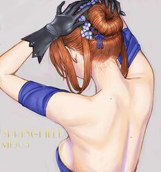  absurdres back back_focus backless_dress backless_outfit bare_back bare_shoulders black_gloves blue_dress brown_hair collarbone commentary_request curry_soba detached_sleeves dress female girls&#039;_frontline gloves hands_in_hair highres nape official_alternate_costume solo springfield_(girls&#039;_frontline) springfield_(queen_in_radiance)_(girls&#039;_frontline) strapless strapless_dress 