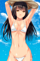  ano_hito bad_id bad_pixiv_id bikini black_hair blue_sky breasts brown_eyes cloud commentary_request day female long_hair navel original side-tie_bikini_bottom sky small_breasts smile solo sparkle swimsuit underboob undressing upper_body white_bikini 