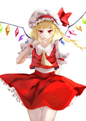  absurdres arm_behind_back ascot blonde_hair blood blood_from_mouth blood_on_hands breasts closed_mouth collared_shirt cowboy_shot crystal female flandre_scarlet frilled_headwear frilled_shirt_collar frilled_skirt frilled_sleeves frills hat hat_ribbon highres looking_at_viewer medium_hair mob_cap multicolored_wings one_side_up puffy_short_sleeves puffy_sleeves qie red_eyes red_ribbon red_skirt red_vest ribbon shirt short_sleeves simple_background skirt skirt_set small_breasts solo touhou vest white_background white_hat white_shirt wings wrist_cuffs yellow_ascot 