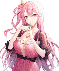  artist_name blush breasts c: cleavage collarbone commentary_request dress emily_stock female hair_between_eyes hair_ribbon highres jewelry light_particles long_hair looking_at_viewer medium_breasts necklace one_side_up original pink_dress pink_eyes pink_hair ribbon ririko_(zhuoyandesailaer) short_sleeves simple_background smile solo upper_body white_background x_fingers yellow_ribbon 