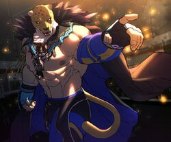  1boy abs absurdres animal_ears animal_head bad_id bad_twitter_id bara bulge embers fangs feet_out_of_frame highres jaguar_boy jaguar_ears jaguar_tail jewelry king_(tekken) large_pectorals male_focus muscular muscular_male navel necklace nipples pectorals pointing pointing_to_the_side solo stomach strongman_waist tail tekken thick_thighs thighs topless_male ttn_(239_239) wrestling_outfit wrestling_ring 