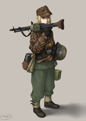  absurdres ammunition_box belt blonde_hair camouflage combat_helmet commentary female full_body germany gloves green_eyes gun hat helmet highres holding holding_gun holding_weapon machine_gun mardjan mg34 military military_hat military_uniform nazi original simple_background solo ss_insignia stahlhelm uniform weapon world_war_ii 