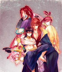  4boys barefoot black_hair braid chinese_clothes family feather_fan female hanfu harem_pants judal long_hair magi_the_labyrinth_of_magic midriff multiple_boys pants red_eyes red_hair ren_kouen ren_kougyoku ren_kouha ren_koumei siblings single_braid siruphial wide_sleeves 