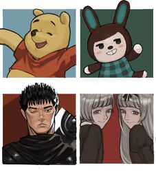  2boys animal_crossing animal_ears bad_id bad_twitter_id berserk black_eyes black_hair black_lagoon blunt_bangs blush border brown_hair carmen_(animal_crossing) closed_mouth commentary_request crop_top female gretel_(black_lagoon) grey_hair grin guts_(berserk) hansel_(black_lagoon) kondate_(inugrm) long_hair looking_at_viewer multiple_boys one_eye_closed open_mouth outside_border plaid pooh purple_eyes rabbit_ears red_shirt scarf shirt short_hair short_sleeves simple_background smile t-shirt weapon white_border winnie_the_pooh 