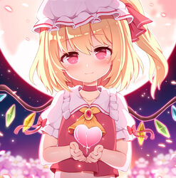  ascot backlighting blonde_hair blush bow brooch chinese_commentary choker closed_mouth commentary_request crystal dripping female flandre_scarlet flocflower flower frilled_shirt_collar frills hair_ribbon hat heart highres jewelry light_particles looking_at_viewer medium_hair mob_cap moon night night_sky one_side_up outline puffy_short_sleeves puffy_sleeves red_eyes red_ribbon red_vest ribbon shirt short_sleeves sky smile solo touhou upper_body vest white_shirt wings yellow_ascot 