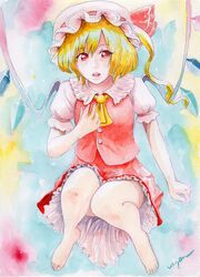  artist_name ascot barefoot blonde_hair breasts crystal female flandre_scarlet frilled_skirt frills full_body hat looking_at_viewer mob_cap multicolored_wings open_mouth painting_(medium) puffy_short_sleeves puffy_sleeves red_eyes red_ribbon red_skirt red_vest ribbon ribbon-trimmed_headwear ribbon_trim shirt short_sleeves skirt skirt_set sleeve_ribbon small_breasts solo teeth thighs touhou traditional_media upper_teeth_only uryan! vest watercolor_(medium) white_hat white_shirt wings yellow_ascot 