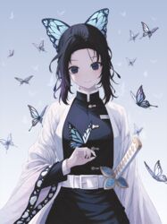  bad_id bad_pixiv_id belt belt_buckle black_eyes black_hair black_jacket black_skirt blue_background blush buckle bug butterfly butterfly_hair_ornament butterfly_on_hand closed_mouth commentary cowboy_shot demon_slayer_uniform female gradient_background hair_ornament haori jacket japanese_clothes kimetsu_no_yaiba kochou_shinobu long_sleeves military military_jacket military_uniform open_clothes sheath sheathed short_hair sidelocks skirt smile solo sword symbol-only_commentary uniform weapon wide_sleeves yuyo_(i_iuyo) 