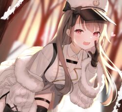  azur_lane black_gloves black_thighhighs blurry blurry_background breasts cleavage collar commentary_request depth_of_field detached_collar female fur-trimmed_jacket fur-trimmed_sleeves fur_trim gloves grey_skirt highres idemitsu jacket long_sleeves medium_breasts open_clothes open_jacket pamiat_merkuria_(azur_lane) shirt skindentation skirt solo thigh_strap thighhighs white_collar white_jacket white_shirt wing_collar 