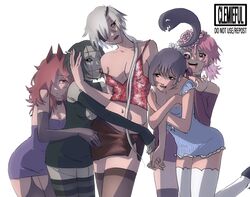  5girls :d arm_hug arms_around_waist artist_name black_sclera blue_dress blush brain breast_cutout breasts bulging_eyes chainsaw_man cigarette cleavage clemieful closed_mouth collarbone colored_sclera cosmo_(chainsaw_man) crop_top dangling_eye dress elbow_gloves exposed_brain eye_pop eyepatch futakuchi-onna gloves hair_between_eyes hair_over_one_eye harem heart heart_in_eye highres holding_hands horns hug hug_from_behind living_hair long_(chainsaw_man) long_hair looking_at_another looking_to_the_side multiple_girls one_eye_covered open_mouth pingtsi_(chainsaw_man) prehensile_hair purple_dress quanxi&#039;s_group_(chainsaw_man) quanxi_(chainsaw_man) short_hair simple_background skirt smile standing stitched_face stitched_mouth stitches strap_slip striped_clothes striped_thighhighs symbol_in_eye tank_top thighhighs tsugihagi_(chainsaw_man) white_background white_thighhighs yuri 