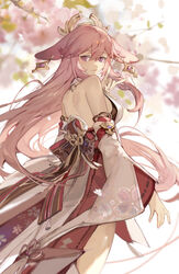  absurdres animal_ears bare_back bare_shoulders blurry blurry_background breasts cherry_blossoms detached_sleeves ear_piercing female fox_ears fox_shadow_puppet from_behind genshin_impact hair_between_eyes hair_ornament half-closed_eyes highres lizi_(st3648) long_hair looking_at_viewer looking_back piercing pink_eyes pink_hair smile solo wide_sleeves yae_miko 