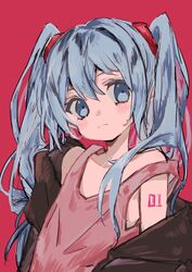  3774. aqua_eyes aqua_hair bare_shoulders blush closed_mouth commentary female flat_chest hatsune_miku highres hood hoodie long_hair looking_at_viewer number_tattoo open_clothes red_background shirt shoulder_tattoo simple_background sleeveless sleeveless_shirt solo symbol-only_commentary tattoo twintails upper_body vocaloid 