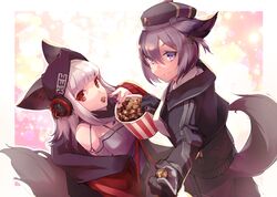  2girls animal_ears arknights arm_at_side beret black_jacket border breasts bucket commentary_request cross_hair_ornament dur-nar_(arknights) dutch_angle e-bushi ears_through_headwear eating food fox_ears fox_girl fox_tail from_side frostleaf_(arknights) hair_between_eyes hair_ornament hairpin hand_up hat head_tilt headphones headphones_over_headwear height_difference hexagon highres jacket light_particles long_hair long_sleeves looking_at_viewer material_growth multiple_girls off-shoulder_shirt off_shoulder oripathy_lesion_(arknights) outstretched_hand oversized_clothes pocket popcorn purple_eyes purple_hair red_eyes red_jacket red_nails scarf shaded_face shirt short_hair sidelocks smile tail white_background white_hair white_shirt woollen_cap 