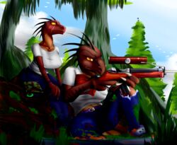  anthro blueondrive clothing dinosaur dromaeosaurid duo everglades extinct female gun hunting hunting_rifle mini-14 nature outside prehistoric_species ranged_weapon reptile rifle rift_seekers_saga scalie shaaux_kautner swamp theropod velociraptor weapon zahra_borngen 