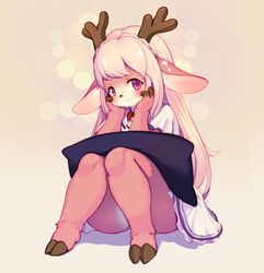  animal_ears antlers blonde_hair blush borrowed_character convenient_leg deer_ears dress female full_body furry furry_female hands_on_own_face hooves horns knees_up legs long_hair original panties panty_peek pillow pink_background pink_eyes reindeer_antlers simple_background sitting smile solo thighs tona_(kishibe) two-tone_fur underwear white_dress white_panties whooo-ya 