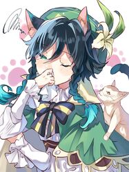  1boy allergy animal_ears aqua_eyes beret black_hair blue_hair braid cape cat_boy cat_ears collared_cape commentary feline flower frilled_sleeves frills genshin_impact gradient_hair green_cape green_hat hat hat_flower highres juliet_sleeves long_sleeves male_focus misa_(misa331004091) multicolored_hair one_eye_closed puffy_sleeves shirt short_hair_with_long_locks solo symbol-only_commentary tears twin_braids venti_(genshin_impact) white_flower white_shirt 